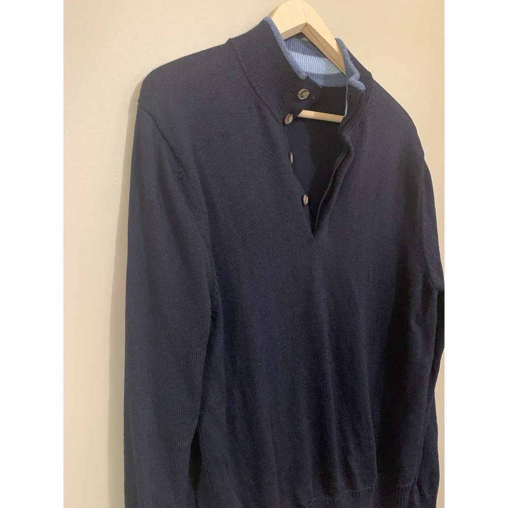 Brooks Brothers Extra Fine Italian Merino Wool Sweater Navy 1/4 Button Up Mens M - Picture 9 of 16
